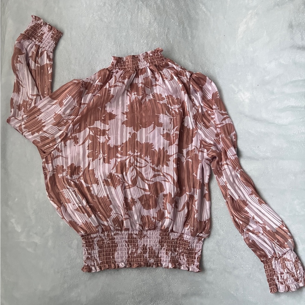 Pink Pleated Blouse with Mandarin Collar